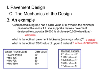 I. Pavement Design
C. The Mechanics of the Design
3. An example
A compacted subgrade has a CBR value of 8. What is the minimum
pavement thickness if it is to support a taxiway pavement
designed to support a 80,000 lb airplane (40,000 wheel load)
What is the optimal pavement thickness (wearing surface)?
What is the optimal CBR value of upper 6 inches?
Wheel Pound Loads CBR Value
15,000 or less 50
>15k-40k 65
>40k-70k 80
>70k-150k 80+
Wearing Surface
0-15k…….....2”
>15k-40k…..3”
>40k-55k…..4”
>55k-70k…..5”
>70k……..…6”
23 inches
3 inches
6 inches of CBR 65/80
 