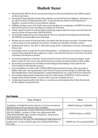 Shafeek Nazar
 Maintained the KPI for the Procurement & Contracts and successfully done the SWOT analysis
on the project basis.
 Developed & Expanded the Vendor Base with the successful P.Q & Due Diligence Evaluation as
per QA Procedures & Maintained the AVL , Frequent intervals made the Re Evaluation of
Suppliers , monitorinf their service efficient manner.
 Skillfully leading a team of SC Staffs and monitoring them are complying in all IMPS Procedures
towards the goal to ensure derisking of company in all lelevels
 Timely supports in the Pre bid during the tendering stage & which has been converted into the
award of some of Projects like GASCO & ZADCO.
 Successfully making the procurement plan for the LLIs and Sub Contracting Jobs & Achieving
the PMP (Procurement Mile Stone Planning).
 Monitor procurement of long lead items associated with the project execution. Formulate main
contract final account statement & retention. Created and submitted Variation orders.
 Implemented Intend –Pay KPI in SCM intervening all the stakeholders towards achieving the
Project win.
 Knowledge center to make the Purchase Requisition’s , verifying the correctness of enquiries if
required educating the Project engineer to make a cost effective decision to purchase new kind
of products developed in market .
 Successful completions of Project Procurement Procedures & Procurement strategies made
them in active for the case to case which have been monitored and presented in client audits
 Successful presentations for the PSR and Scheduling and identifying Critical path for the
Procurement for the Specific projects.
 Procured different verities of the CAPEX /OPEX Requirements Purchase value more than a
Million USD with a strong attributes in the Techno Commercial knowledge in CAPEX like Pipe
Spooling Machines, Heavy Equipments, Complex Machineries etc. using in Oil & Gas Industries.
 Successfully implemented & migrated to the New ERP system ( EPICOR Ver 10) from all the
Supply Chain related modules , as part of the corporate company process
 Conducting frequent audit in the Stores or warehouse and maintained the Safety Stock levels
for the regular moving materials
Key Projects:
Scope of Projects Client
Installation of Height Restriction Barriers in Various location in
RUWAIS Refinery Project Worth AED 2.45 Million
ADNOC Refining ( TAKREER)
EPC for the Replacement of CDS at ADCO Bab Field Project Worth
AED 45.6 Million , Includes CS Pipe Line replacement with
GRE/SDSS/INCONEL Pipes and the related Civil , Structural &
Instrumentation –Initial Stage
ADNOC Onshore ( ADCO)
Call off Contract for the Pipe Line Rehabilitation & Miscellaneous
maintenance works related to pipe line of all the GASCO Sites –
On Going
ADNOC Gas Processing (GASCO)
 