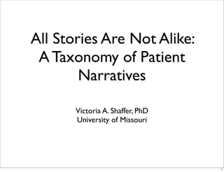 All Stories Are Not Alike:
 A Taxonomy of Patient
        Narratives

       Victoria A. Shaffer, PhD
       University of Missouri




                                  1
 