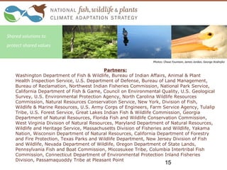 Partners:
Washington Department of Fish & Wildlife, Bureau of Indian Affairs, Animal & Plant
Health Inspection Service, U.S. Department of Defense, Bureau of Land Management,
Bureau of Reclamation, Northwest Indian Fisheries Commission, National Park Service,
California Department of Fish & Game, Council on Environmental Quality, U.S. Geological
Survey, U.S. Environmental Protection Agency, North Carolina Wildlife Resources
Commission, Natural Resources Conservation Service, New York, Division of Fish,
Wildlife & Marine Resources, U.S. Army Corps of Engineers, Farm Service Agency, Tulalip
Tribe, U.S. Forest Service, Great Lakes Indian Fish & Wildlife Commission, Georgia
Department of Natural Resources, Florida Fish and Wildlife Conservation Commission,
West Virginia Division of Natural Resources, Maryland Department of Natural Resources,
Wildlife and Heritage Service, Massachusetts Division of Fisheries and Wildlife, Yakama
Nation, Wisconsin Department of Natural Resources, California Department of Forestry
and Fire Protection, Texas Parks and Wildlife Department, New Jersey Division of Fish
and Wildlife, Nevada Department of Wildlife, Oregon Department of State Lands,
Pennsylvania Fish and Boat Commission, Miccosukee Tribe, Columbia Intertribal Fish
Commission, Connecticut Department of Environmental Protection Inland Fisheries
Division, Passamaquoddy Tribe at Pleasant Point
Shared solutions to
protect shared values
15
Photos: Chase Fountain, James Jordan, George Andrejko
 