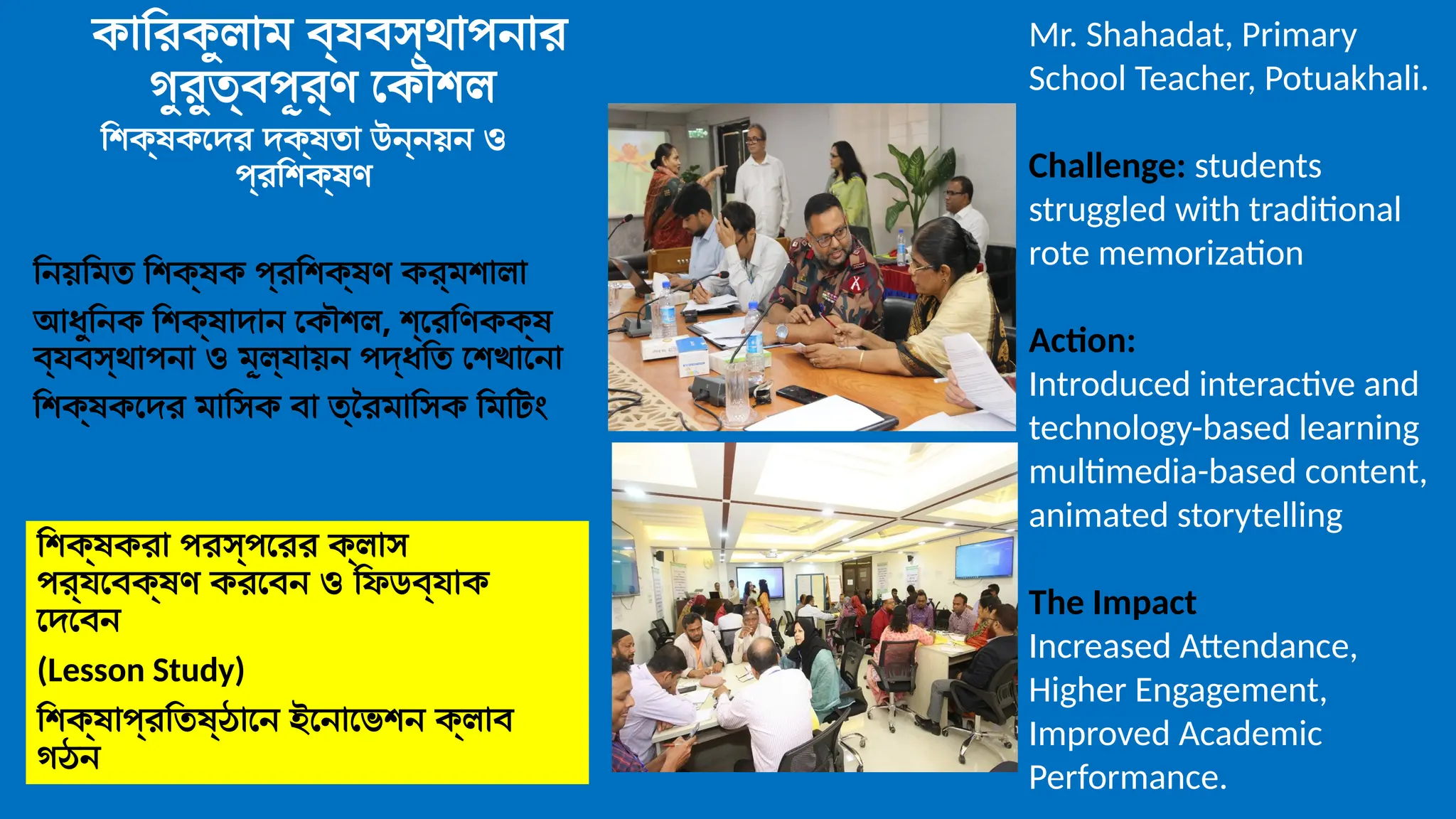 কারিকুলাম ব্যবস্থাপনার
গুরুত্বপূর্ণ কৌশল
শিক্ষকদের দক্ষতা উন্নয়ন ও
প্রশিক্ষণ
নিয়মিত শিক্ষক প্রশিক্ষণ কর্মশালা
আধুনিক শিক্ষাদান কৌশল, শ্রেণিকক্ষ
ব্যবস্থাপনা ও মূল্যায়ন পদ্ধতি শেখানো
শিক্ষকদের মাসিক বা ত্রৈমাসিক মিটিং
Mr. Shahadat, Primary
School Teacher, Potuakhali.
Challenge: students
struggled with traditional
rote memorization
Action:
Introduced interactive and
technology-based learning
multimedia-based content,
animated storytelling
The Impact
Increased Attendance,
Higher Engagement,
Improved Academic
Performance.
শিক্ষকরা পরস্পরের ক্লাস
পর্যবেক্ষণ করবেন ও ফিডব্যাক
দেবেন
(Lesson Study)
শিক্ষাপ্রতিষ্ঠানে ইনোভেশন ক্লাব
গঠন
 