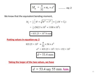 We know that the equivalent bending moment,
………… eq: 2
Putting values in equation eq: 2
Taking the larger of the two values, we have
15
 