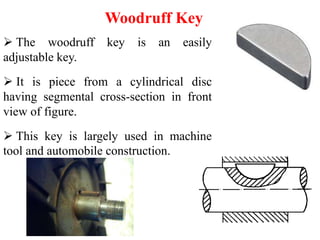 Woodruff Key
 The woodruff key is an easily
adjustable key.
 It is piece from a cylindrical disc
having segmental cross-section in front
view of figure.
 This key is largely used in machine
tool and automobile construction.
 