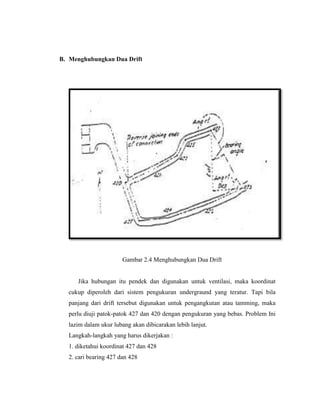 B. Menghubungkan Dua Drift
Gambar 2.4 Menghubungkan Dua Drift
Jika hubungan itu pendek dan digunakan untuk ventilasi, maka koordinat
cukup diperoleh dari sistem pengukuran undergraund yang teratur. Tapi bila
panjang dari drift tersebut digunakan untuk pengangkutan atau tamming, maka
perlu diuji patok-patok 427 dan 420 dengan pengukuran yang bebas. Problem Ini
lazim dalam ukur lubang akan dibicarakan lebih lanjut.
Langkah-langkah yang harus dikerjakan :
1. diketahui koordinat 427 dan 428
2. cari bearing 427 dan 428
 