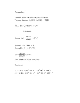 Penyelesaian :
Perbedaan latitude = 4,310,51 – 4,156,22 = 154,29 ft
Perbedaan departure = 6,451,46 – 6,306,24 = 145,22 ft
HD A – 216 =
= 211,88 feet
Bearing = tan-1
= = 43
0
16’
Bearing A – 216 = S 430
16’ E
Bearing 216 – A = N 430
16’ W
tan-1
= = 270
53’
SD = 206,88 : Cos 270
53’ = 234,1 feet
Sudut lurus :
215 – 216 –A = (3600
- 430 16’) + 1800
- 470
30’ = 890
14’
111 – A - 216 = (1800
- 430 16’) + 1800
- 500
00’ = 2560
44’
 