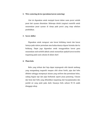 2. Wire centering device (peralatan kawat centering)
Alat ini digunakan untuk menjepit kawat dalam suatu posisi setelah
pusat dari ayunan ditentukan. Beberapa teknik (enginer) memilih untuk
menentukan pusat ayunan di slamp pada posisi yang tetap sebelum
pembidikan.
3. Screw shifter
Digunakan untuk mengeser satu kawat kebidang transit dan kawat
lainnya pada station permulaan atau kedua-duanya digeser kemuka dan ke
belakang. Dapat juga digunakan untuk menggerakkan kawat guna
menentukan arah terlebih dahulu untuk memastikan apakah kawat tersebut
tergantung pada suatu sekatan di dalam sharf.
4. Plum bobs
Bobs yang terbuat dari baja dapat terpengaruh oleh daerah tambang
yang mengandung magnetik maupun oleh aliran listrik, pipa dari bobs
dibubut sehingga mempunyai ukuran yang uniform dan permukaan halus,
sedang bagian tepi dari pipa berbentuk seperti pisau pemotong. Ukuran
dan berat dari bobs yang dibutuhkan tergantung dari kecepatanudara dan
jumlah air yang jatuh pada shaft, biasanya bobs seberat 50 lb sudah
dianggap cukup.
 