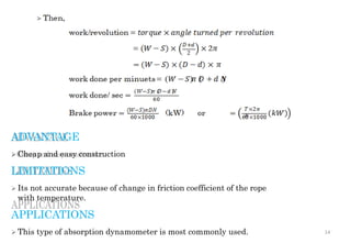 ADVANTAGE
 Cheap and easy construction
LIMITATIONS
 Its not accurate because of change in friction coefficient of the rope
with temperature.
APPLICATIONS
 This type of absorption dynamometer is most commonly used. 14
 