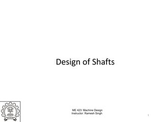 ME 423: Machine Design
Instructor: Ramesh Singh
Design of Shafts
1
 