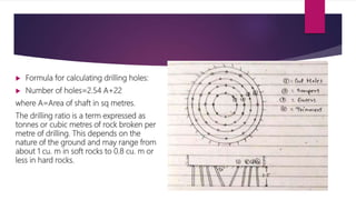  Formula for calculating drilling holes:
 Number of holes=2.54 A+22
where A=Area of shaft in sq metres.
The drilling ratio is a term expressed as
tonnes or cubic metres of rock broken per
metre of drilling. This depends on the
nature of the ground and may range from
about 1 cu. m in soft rocks to 0.8 cu. m or
less in hard rocks.
 