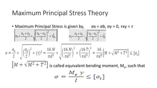 Maximum Principal Stress Theory
• Maximum Principal Stress is given by, σx = σb, σy = 0, 𝜏xy = 𝜏
is called equivalent bending moment, Me, such that
 
