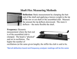 Shaft Flex Measuring Methods
                   Deflection: Static measurement by clamping the butt
                   end of the shaft and applying a known weight to the tip
                   of the raw or cut shaft or the assembled club. Measure
                   the amount the tip deflects downward. The more it
                   deflects – the more flexible the shaft.

Frequency: Dynamic
measurement where the butt end
is of the assembled club is
clamped. The head is “plucked”
and set in oscillation. The
higher the number of
oscillations (at the same given length), the stiffer the club is said to be.
*Not all deflection board and frequency analyzer readings will be the same
 