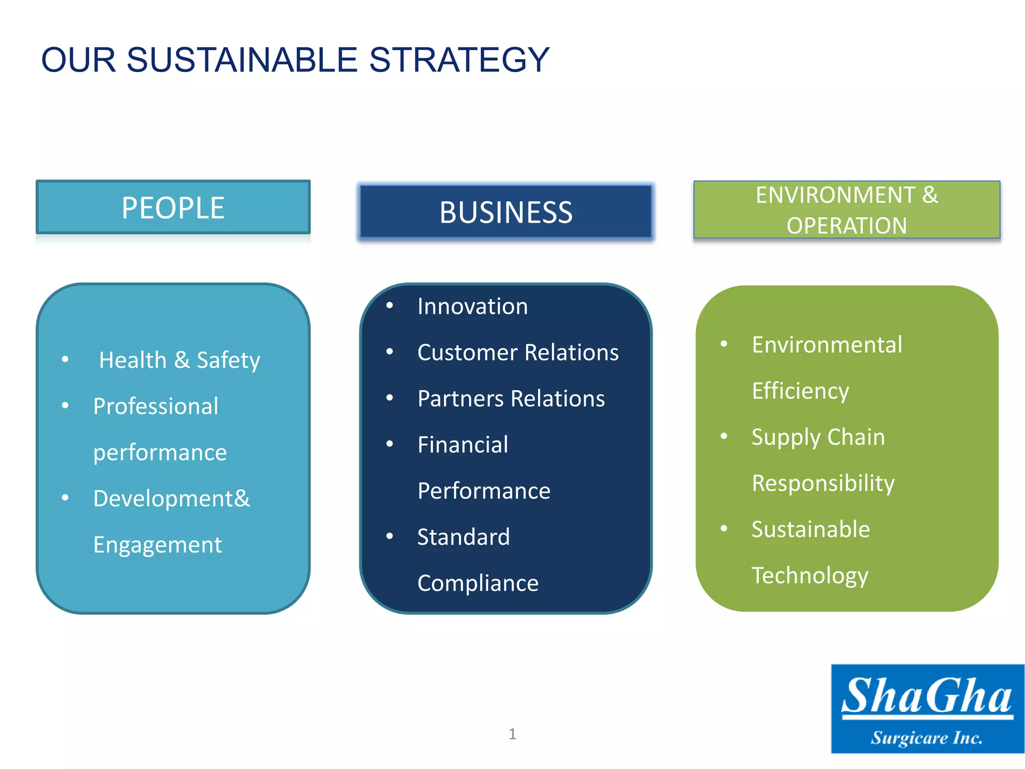 • Health & Safety
• Professional
performance
• Development&
Engagement
• Innovation
• Customer Relations
• Partners Relations
• Financial
Performance
• Standard
Compliance
• Environmental
Efficiency
• Supply Chain
Responsibility
• Sustainable
Technology
PEOPLE BUSINESS
ENVIRONMENT &
OPERATION
1
OUR SUSTAINABLE STRATEGY
 