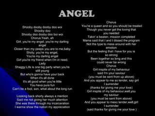 ANGEL  Shooby dooby dooby doo woi  Shooby doo  Shooby doo dooby doo boi woi  Chorus:Yeah, ah  Girl, you're my angel, you're my darling  angel  Closer than my peeps you are to me,baby  Shoty, you're my angel,  You're my darling angel  Girl you're my friend when I'm in need,  Lady  Shaggy:Life is one big party when you're  still young  But who's gonna have your back  When it's all done  It's all good when you're little  You heva pure fun  Can't be a fool, son, what about the long run  Looking back shorty always a mention  Said me not giving her much attention  She was there through my incarceration  I wanna show the nation my appreciation  Chorus  You're a queen and so you should be treated Though you never get the loving that  you needed  Takin' a beaten, mission completed  Mama said that I and I dissed the program  Not the type to mess around with her  emotion  But the feeling that i have for you is  so strong  Been together so long and this  could never be wrong  Chorus  Girl inspite of my behaviour  said I'm your saviour  (you must be sent from up above)  And you appear to me so tender, say girl  I surrender  (thanks for giving me your love)  Girl inspite of my behaviour,well,you  my saviour  (you must be sent from above)  And you appear to meso tender,well,girl  I surrender  (said thanks for giving me your love ) 