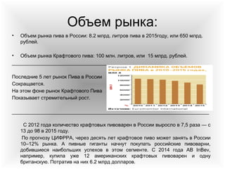Объем рынка:
• Объем рынка пива в России: 8.2 млрд. литров пива в 2015году, или 650 млрд.
рублей.
• Объем рынка Крафтового пива: 100 млн. литров, или 15 млрд. рублей.
_______________________________________________________________________
Последние 5 лет рынок Пива в России
Сокращается.
На этом фоне рынок Крафтового Пива
Показывает стремительный рост.
_______________________________________________________________________
С 2012 года количество крафтовых пивоварен в России выросло в 7,5 раза — с
13 до 98 в 2015 году.
По прогнозу ЦИФРРА, через десять лет крафтовое пиво может занять в России
10–12% рынка. А пивные гиганты начнут покупать российские пивоварни,
добившиеся наибольших успехов в этом сегменте. С 2014 года AB InBev,
например, купила уже 12 американских крафтовых пивоварен и одну
британскую. Потратив на них 6.2 млрд долларов.
 