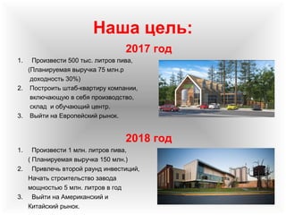 Наша цель:
2017 год
1. Произвести 500 тыс. литров пива,
(Планируемая выручка 75 млн.р
доходность 30%)
2. Построить штаб-квартиру компании,
включающую в себя производство,
склад и обучающий центр.
3. Выйти на Европейский рынок.
2018 год
1. Произвести 1 млн. литров пива,
( Планируемая выручка 150 млн.)
2. Привлечь второй раунд инвестиций,
Начать строительство завода
мощностью 5 млн. литров в год
3. Выйти на Американский и
Китайский рынок.
 