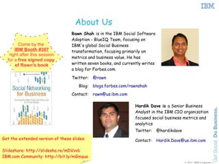 About Us
                                  Rawn Shah is in the IBM Social Software
                                  Adoption - BlueIQ Team, focusing on
        Come by the               IBM's global Social Business
      IBM Booth #307              transformation, focusing primarily on
   right after this session
                                  metrics and business value. He has
  for a free signed copy
      of Rawn's book              written seven books, and currently writes
                                  a blog for Forbes.com.
                                  Twitter:   @rawn
                                     Blog:   blogs.forbes.com/rawnshah
                                  Contact:   rawn@us.ibm.com

                                                                 Hardik Dave is a Senior Business
                                                                 Analyst in the IBM CIO organization
                                                                 focused social business metrics and
                                                                 analytics
                                                                 Twitter:     @hardikdave
Get the extended version of these slides:                        Contact:     Hardik.Dave@us.ibm.com

Slideshare: http://slidesha.re/mDVvvb
IBM.com Community: http://bit.ly/mGmqua
                                                                                            © 2011 IBM Corporation
 