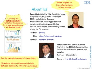 Please respond to
                                                                the evaluation form
                                                                  for this session
                                   About Us
                                  Rawn Shah is in the IBM Social Software
                                  Adoption - BlueIQ Team, focusing on
        Come by the               IBM's global Social Business
      IBM Booth #307              transformation, focusing primarily on
   right after this session
                                  metrics and business value. He has
  for a free signed copy
      of Rawn's book              written seven books, and currently writes
                                  a blog for Forbes.com.
                                  Twitter:   @rawn
                                     Blog:   blogs.forbes.com/rawnshah
                                  Contact:   rawn@us.ibm.com

                                                                 Hardik Dave is a Senior Business
                                                                 Analyst in the IBM CIO organization
                                                                 focused social business metrics and
                                                                 analytics
                                                                 Twitter:     @hardikdave
Get the extended version of these slides:                        Contact:     Hardik.Dave@us.ibm.com

Slideshare: http://slidesha.re/mDVvvb
IBM.com Community: http://bit.ly/mGmqua
                                                                                            © 2011 IBM Corporation
 