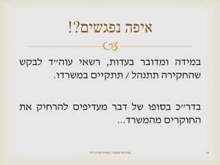 
‫במידה‬‫ומדובר‬‫בעדות‬,‫רשאי‬‫עוה‬"‫ד‬‫לבקש‬
‫שהחקירה‬‫תתנהל‬/‫תתקיים‬‫במשרדו‬.
‫בדר‬"‫כ‬‫בסופו‬‫של‬‫דבר‬‫מעדיפים‬‫להרחיק‬‫את‬
‫החוקרים‬‫מהמשרד‬...
‫שהבזי‬ ‫אברהם‬,‫דין‬ ‫עורכי‬ ‫משרד‬ 14
‫נפגשים‬ ‫איפה‬?!
 