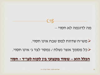 
‫חסוי‬ ‫לא‬ ‫לדוגמה‬ ‫מה‬–
‫מש‬"‫חסוי‬ ‫אינו‬ ‫שבח‬ ‫למס‬ ‫שדווח‬ ‫ח‬.
‫נשלח‬ ‫אשר‬ ‫מסמך‬ ‫כל‬/‫ג‬ ‫לצד‬ ‫נמסר‬'‫חסוי‬ ‫אינו‬.
‫הוא‬ ‫הכלל‬–‫לעו‬ ‫לקוח‬ ‫בין‬ ‫מקצועי‬ ‫שסוד‬"‫ד‬-‫חסוי‬
‫שהבזי‬ ‫אברהם‬,‫דין‬ ‫עורכי‬ ‫משרד‬ 21
 