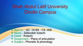Shah Abdul Latif University
Ghotki Campus
 Roll no : GC -18 BS - CS -008
 Name : Zafarullah kolachi
 Caste : Kolachi
 Assignment : Place of articulation
 Subject : Phonetic & phonology
 