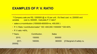 EXAMPLES OF P. V. RATIO
? Company sale are RS. 1000000 @ rs 10 per unit . It’s fixed cost rs. 250000 and
variable cost rs. 600000 . Calculate P. V ratio?
• sales-v.c=contribution (1000000-600000=rs. 400,000 )
• P. V. Ratio =contribution/sales* 100 =400,000 /1000000 *100=40%
• P. V ratio =40%.
? Years. Contribution. Sales
2010. 150000. 300000
2011. 180000. 360000 [if Marginal of safety rs.
20000]
 