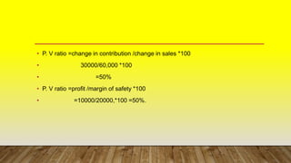 • P. V ratio =change in contribution /change in sales *100
• 30000/60,000 *100
• =50%
• P. V ratio =profit /margin of safety *100
• =10000/20000,*100 =50%.
 