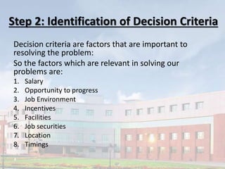 Step 2: Identification of Decision Criteria
Decision criteria are factors that are important to
resolving the problem:
So the factors which are relevant in solving our
problems are:
1. Salary
2. Opportunity to progress
3. Job Environment
4. Incentives
5. Facilities
6. Job securities
7. Location
8. Timings
 