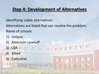 Step 4: Development of Alternatives
Identifying viable alternatives:
Alternatives are listed that can resolve the problem:
Name of schools
1) Unique
2) American Lycetuff
3) LDA
4) Allied
5) Cathedral
 