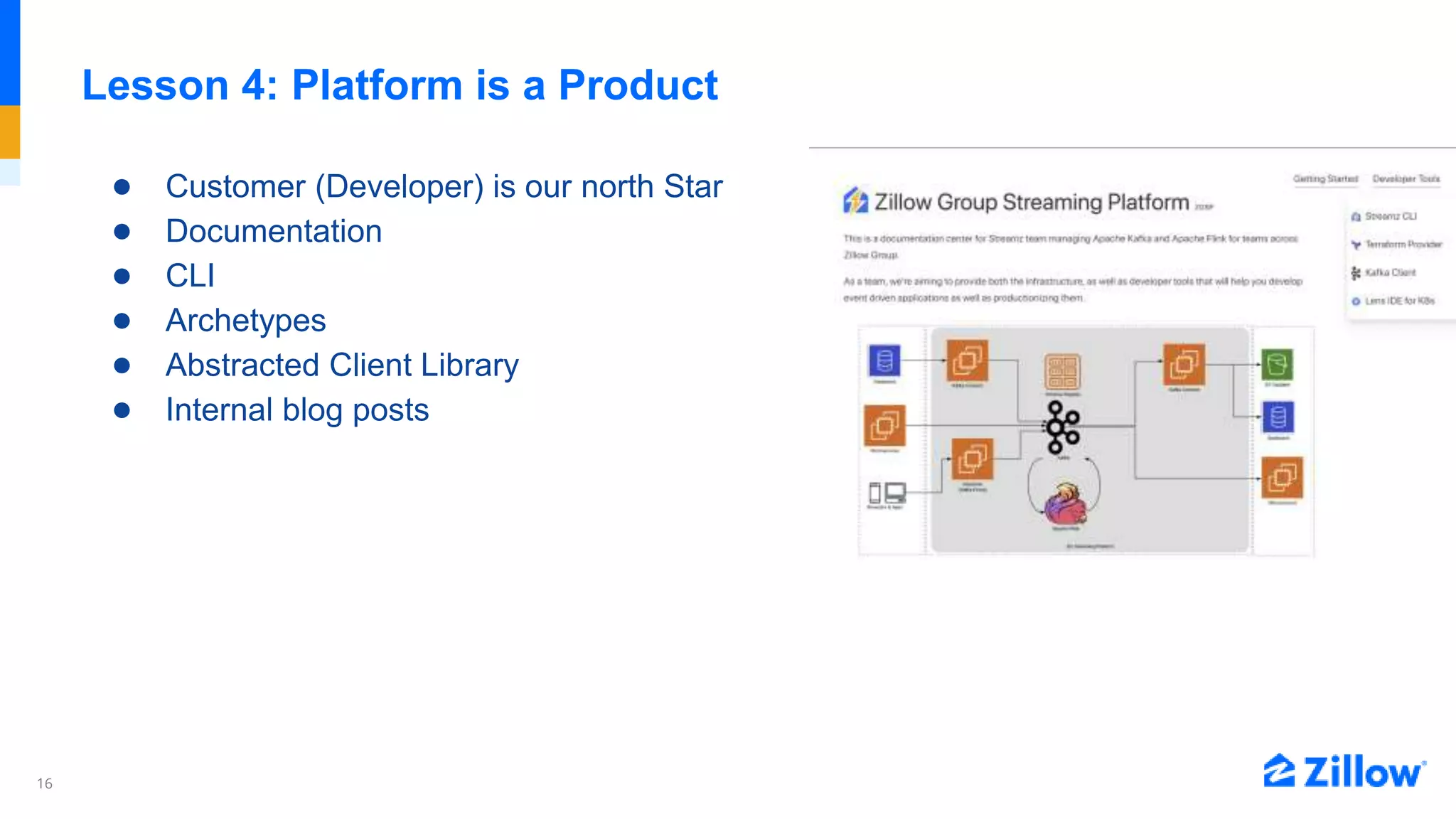 16
Lesson 4: Platform is a Product
● Customer (Developer) is our north Star
● Documentation
● CLI
● Archetypes
● Abstracted Client Library
● Internal blog posts
 