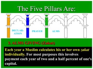 3. ALMS GIVING (Zakat)
Each year a Muslim calculates his or her own zakat
individually. For most purposes this involves
payment each year of two and a half percent of one's
capital.
The Five Pillars Are:
DECLAR-
ATION
PRAYER ALMS
 
