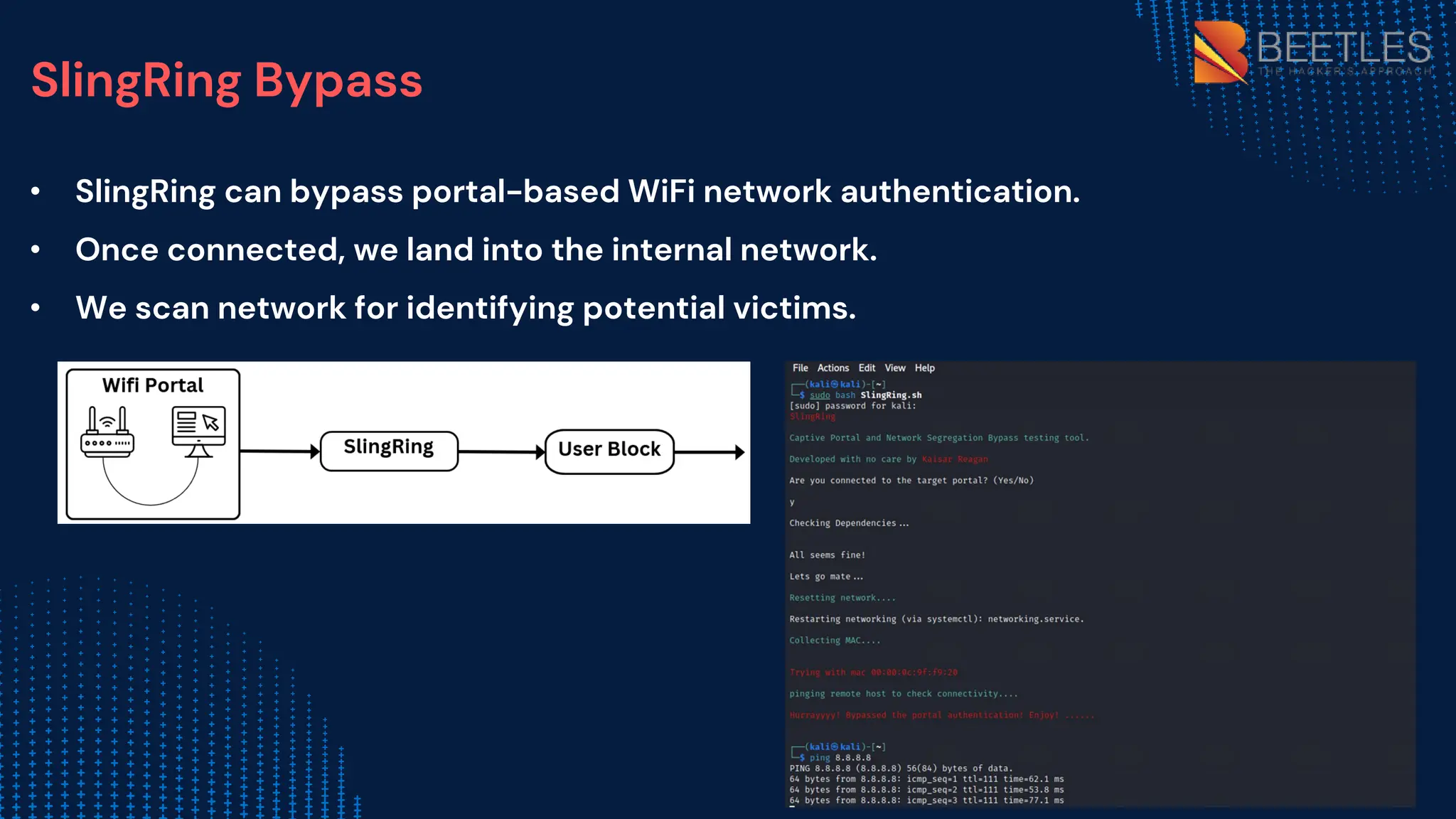 SlingRing Bypass
• SlingRing can bypass portal-based WiFi network authentication.
• Once connected, we land into the internal network.
• We scan network for identifying potential victims.
 