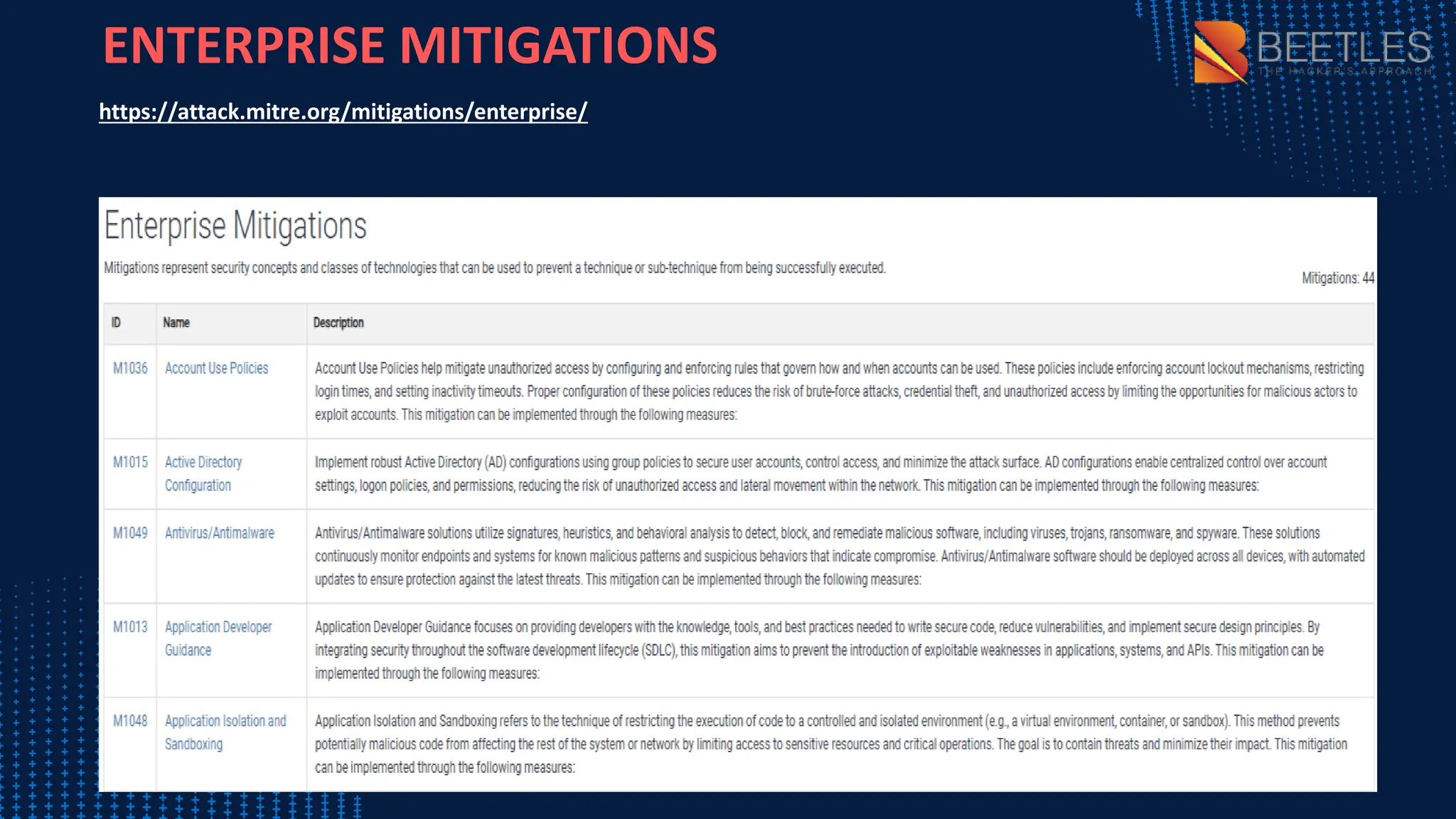 ENTERPRISE MITIGATIONS
https://attack.mitre.org/mitigations/enterprise/
 