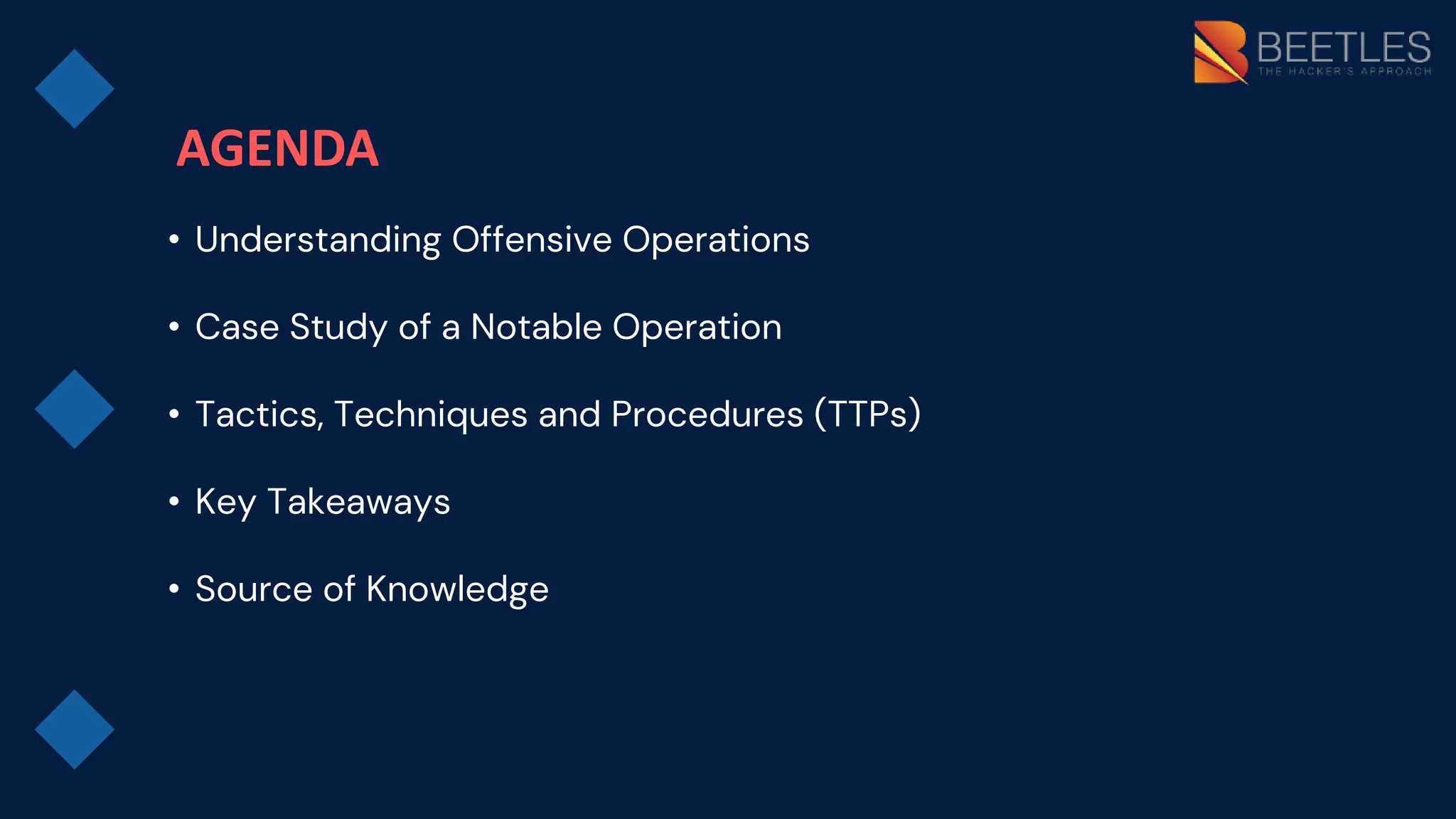 AGENDA
• Understanding Offensive Operations
• Case Study of a Notable Operation
• Tactics, Techniques and Procedures (TTPs)
• Key Takeaways
• Source of Knowledge
 