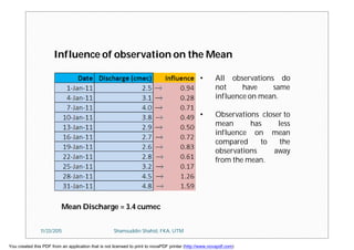 Influence of observation on the Mean
Mean Discharge = 3.4 cumec
• All observations do
not have same
influence on mean.
• Observations closer to
mean has less
influence on mean
compared to the
observations away
from the mean.
11/23/2015 Shamsuddin Shahid, FKA, UTM
You created this PDF from an application that is not licensed to print to novaPDF printer (http://www.novapdf.com)
 