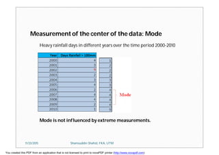 Measurement of the center of the data: Mode
Mode is not influenced by extreme measurements.
Heavy rainfall days in different years over the time period 2000-2010
11/23/2015 Shamsuddin Shahid, FKA, UTM
You created this PDF from an application that is not licensed to print to novaPDF printer (http://www.novapdf.com)
 