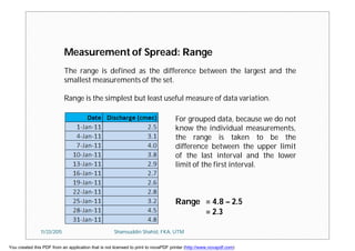 Measurement of Spread: Range
The range is defined as the difference between the largest and the
smallest measurements of the set.
Range is the simplest but least useful measure of data variation.
For grouped data, because we do not
know the individual measurements,
the range is taken to be the
difference between the upper limit
of the last interval and the lower
limit of the first interval.
Range = 4.8 – 2.5
= 2.3
11/23/2015 Shamsuddin Shahid, FKA, UTM
You created this PDF from an application that is not licensed to print to novaPDF printer (http://www.novapdf.com)
 
