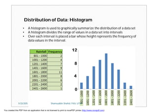Distribution of Data: Histogram
• A histogram is used to graphically summarize the distribution of a data set
• A histogram divides the range of values in a data set into intervals
• Over each interval is placed a bar whose height represents the frequency of
data values in the interval.
11/23/2015 Shamsuddin Shahid, FKA, UTM
You created this PDF from an application that is not licensed to print to novaPDF printer (http://www.novapdf.com)
 