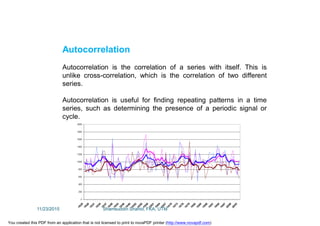 Autocorrelation
Autocorrelation is the correlation of a series with itself. This is
unlike cross-correlation, which is the correlation of two different
series.
Autocorrelation is useful for finding repeating patterns in a time
series, such as determining the presence of a periodic signal or
cycle.
11/23/2015 Shamsuddin Shahid, FKA, UTM
You created this PDF from an application that is not licensed to print to novaPDF printer (http://www.novapdf.com)
 