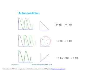 Autocorrelation
t = 0 or t=20; r = 1.0
t = 15; r = 0.0
t = 10; r = -1.0
11/23/2015 Shamsuddin Shahid, FKA, UTM
You created this PDF from an application that is not licensed to print to novaPDF printer (http://www.novapdf.com)
 