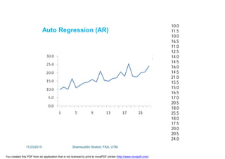 10.0
11.5
10.0
16.5
11.0
12.5
14.0
14.5
16.0
14.5
21.0
15.5
15.0
16.5
17.0
20.5
18.0
25.5
18.0
17.5
20.0
20.5
24.0
Auto Regression (AR)
11/23/2015 Shamsuddin Shahid, FKA, UTM
You created this PDF from an application that is not licensed to print to novaPDF printer (http://www.novapdf.com)
 