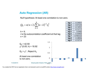 



h
k
kh rkn)n(nQ
1
21
2
Auto Regression (AR)
h = 9.
r is the autocorrelation coefficient at that lag
n = 23
Null hypothesis: At least one correlation is non-zero.
Qh = 42.59
2 (0.05, h) = 16.92
Qh > 2 , Reject H0
At least one correlation
is non-zero.
lag-1 -0.34061
lag-2 -0.01525
lag-3 -0.14931
lag-4 -0.15717
lag-5 0.0482
lag-6 -0.30402
lag-7 0.940332
lag-8 -0.28836
lag-9 -0.10714
11/23/2015 Shamsuddin Shahid, FKA, UTM
You created this PDF from an application that is not licensed to print to novaPDF printer (http://www.novapdf.com)
 