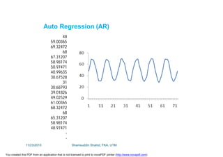 48
59.00365
69.32472
68
67.31207
58.98174
50.97471
40.99635
30.67528
31
30.68793
39.01826
49.02529
61.00365
68.32472
68
65.31207
58.98174
48.97471
-
-
Auto Regression (AR)
11/23/2015 Shamsuddin Shahid, FKA, UTM
You created this PDF from an application that is not licensed to print to novaPDF printer (http://www.novapdf.com)
 