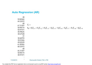 Auto Regression (AR)
98877665543322110  

tttttttt
t
YbYbYbYbYbYbYbYbb
Y
48
59.00365
69.32472
68
67.31207
58.98174
50.97471
40.99635
30.67528
31
30.68793
39.01826
49.02529
61.00365
68.32472
68
65.31207
58.98174
48.97471
-
-11/23/2015 Shamsuddin Shahid, FKA, UTM
You created this PDF from an application that is not licensed to print to novaPDF printer (http://www.novapdf.com)
 