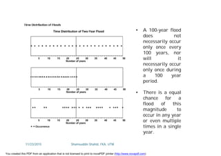 • A 100-year flood
does not
necessarily occur
only once every
100 years, nor
will it
necessarily occur
only once during
a 100 year
period.
• There is a equal
chance for a
flood of this
magnitude to
occur in any year
or even multiple
times in a single
year.
11/23/2015 Shamsuddin Shahid, FKA, UTM
You created this PDF from an application that is not licensed to print to novaPDF printer (http://www.novapdf.com)
 
