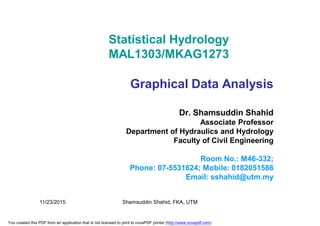 Statistical Hydrology
MAL1303/MKAG1273
Graphical Data Analysis
Dr. Shamsuddin Shahid
Associate Professor
Department of Hydraulics and Hydrology
Faculty of Civil Engineering
Room No.: M46-332;
Phone: 07-5531624; Mobile: 0182051586
Email: sshahid@utm.my
11/23/2015 Shamsuddin Shahid, FKA, UTM
You created this PDF from an application that is not licensed to print to novaPDF printer (http://www.novapdf.com)
 