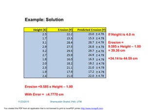 Example: Solution
Erosion =9.585 x Height – 1.00
With Error = 4.7778 cm
If Height is 4.0 m
Erosion =
9.585 x Height – 1.00
= 39.36 cm
=34.14 to 44.59 cm
11/23/2015 Shamsuddin Shahid, FKA, UTM
You created this PDF from an application that is not licensed to print to novaPDF printer (http://www.novapdf.com)
 