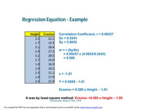 Regression Equation - Example
Correlation Coefficient, r = 0.99257
Sx = 0.5243
Sy = 5.0652
m = r (Sy/Sx)
= 0.99257 x (5.0652/0.5243)
= 9.589
c = -1.01
Y = 9.589X - 1.01
Erosion = 9.589 x Height - 1.01
It was by least square method: Erosion =9.585 x Height – 1.00
Shamsuddin Shahid, FKA, UTM
You created this PDF from an application that is not licensed to print to novaPDF printer (http://www.novapdf.com)
 