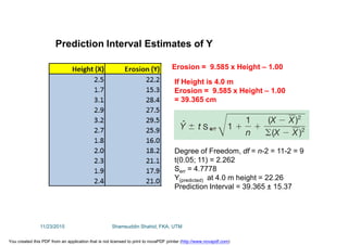 Prediction Interval Estimates of Y
Erosion = 9.585 x Height – 1.00
If Height is 4.0 m
Erosion = 9.585 x Height – 1.00
= 39.365 cm
Degree of Freedom, df = n-2 = 11-2 = 9
t(0.05; 11) = 2.262
Serr = 4.7778
Y(predicted) at 4.0 m height = 22.26
Prediction Interval = 39.365 ± 15.37
11/23/2015 Shamsuddin Shahid, FKA, UTM
You created this PDF from an application that is not licensed to print to novaPDF printer (http://www.novapdf.com)
 