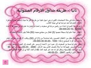 ثانيا  :-  طريقة جداول الارقام العشوائية وتستخدم عادة في حالة المجتمعات الكبيرة وهي اسهل تنفيذا من طريقة القرعة حيث تستخدم جداول جاهزة للارقام العشوائية تجد نموذجا لها في نهاية الكتاب . ترى في هذا النموذج اعدادا من رقمين مرتبة في صفوف واعمدة تم اختيارها عشوائيا من مجموعة الاعداد  {99 ، 89 ، 000 ، 20 ، 10 ، 00} . لاختيار عينة عشوائية بسيطة حجمها  (5)  اطفال من مجتمع حجمه  (50)  طفلا يقوم الباحث بالخطوات الاتية :- 1. يعطي لكل طفل من الاطفال الخمسين رقما متسلسلا من  (1)  الي  (50)  ويكتب الارقام من منزلتين  ( بقدر منازل عدد افراد المجتمع  )  هكذا : 50 ، 49 ، 000 ، 30 ، 30 ، 20 ، 10 . يختار عشرائيا صفا من الصفوف  ( او عمودا من الاعمدة  )  ويسير على الصف  ( او العمود )  ويسجل اول خمسة ارقام يمر عليها فاذا بدأ مثلا بالصف الثامن يجد الارقام  : 80 ، 05 ، 23 ، 26 .  وحيث ان العدد  85  يزيد عن العدد  50  يمهله وينتقل لقراءة عدد اخر فيجد العدد  46  ثم العدد  47  اي ان العينة المطلوبة هم الاطفال الذين ارقامهم  :47 ، 46 ، 05 ، 23 ، 26 .  